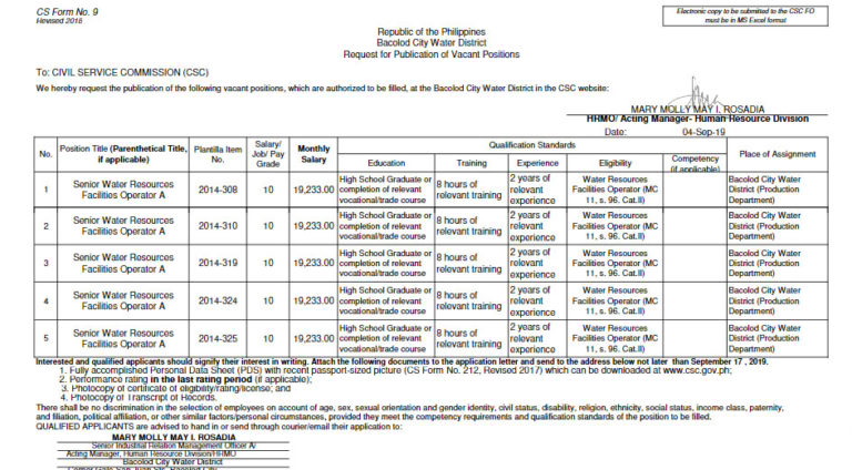 Publication of Vacant Positions - September 4, 2019