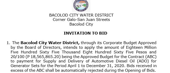 Invitation to Bid for Supply and Delivery of Automotive Diesel Oil (ADO) for Generator Sets for the Period April 1 to December 31, 2020