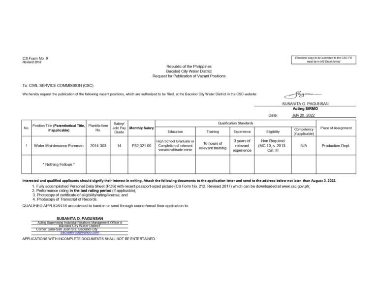 Publication of Vacant Positions – July 20, 2022