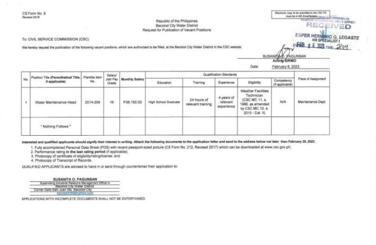 Publication of Vacant Positions – February 6, 2023