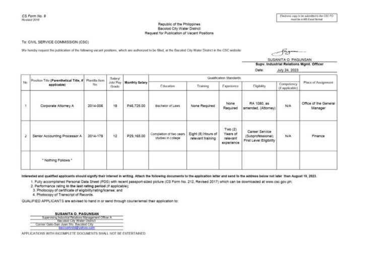 Publication of Vacant Positions – July 24, 2023