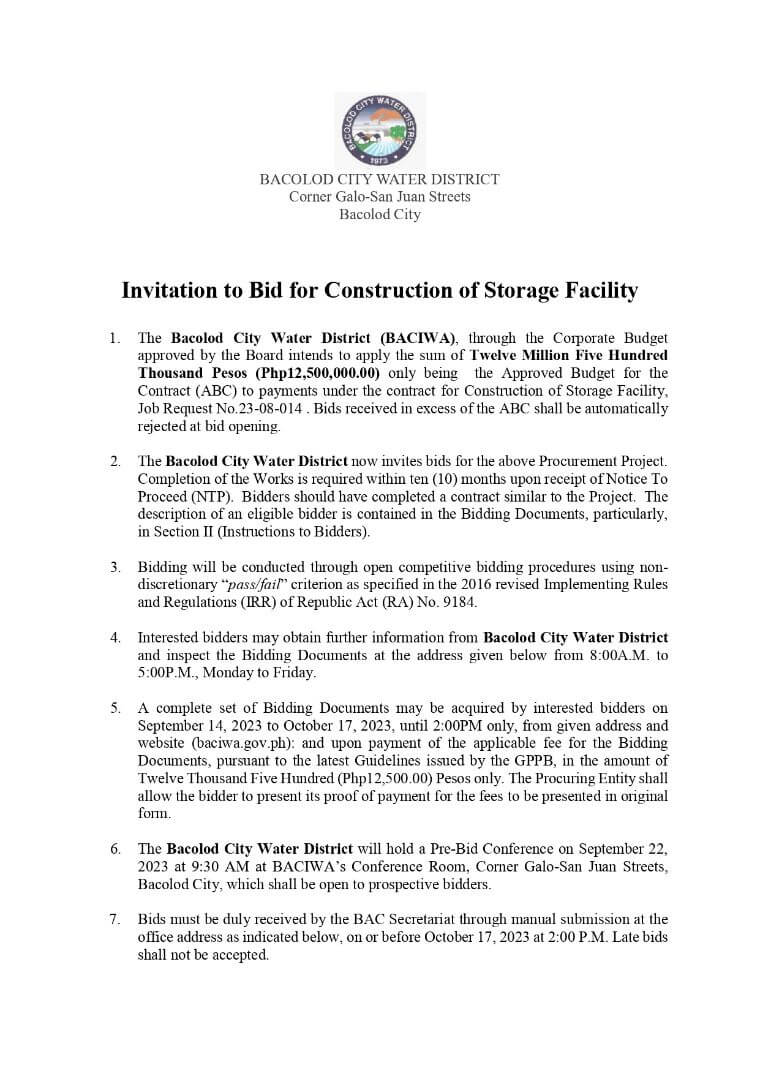Invitation to Bid for Construction of Storage Facility
