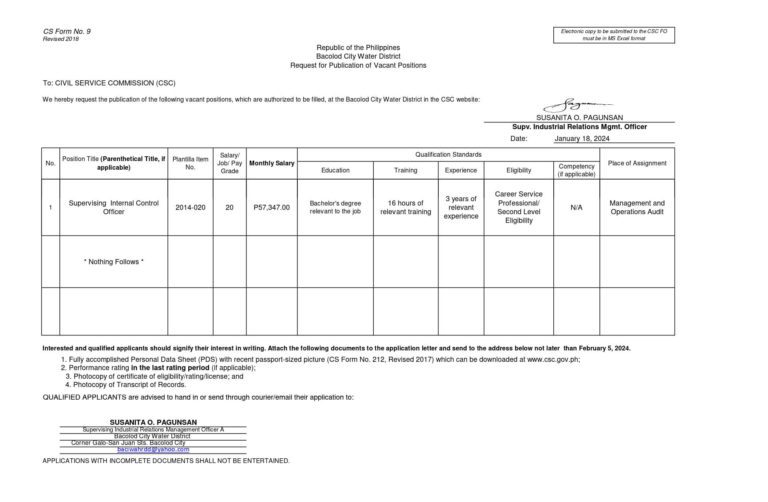 Publication of Vacant Positions – January 18, 2024