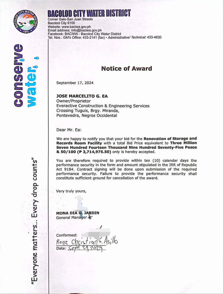 NOTICE OF AWARD: Renovation of Storage and Records Room Facility