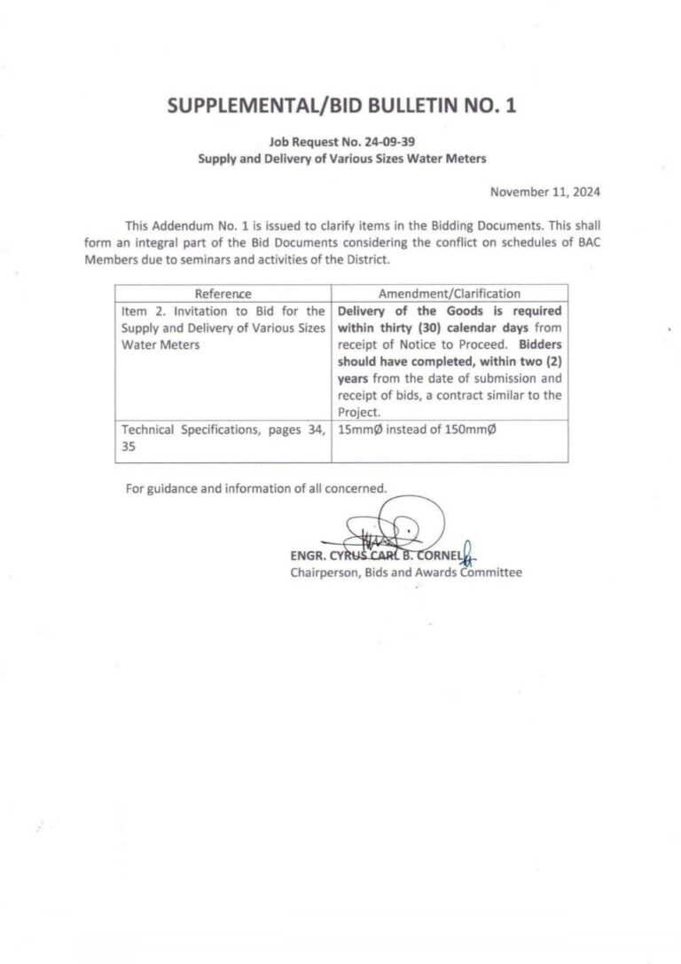 SUPPLEMENTAL/BID BULLETIN NO. 1 - Job Request No. 24-09-39