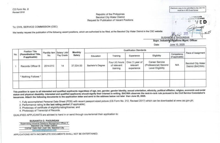 Publication of Vacant Positions – June 10, 2025